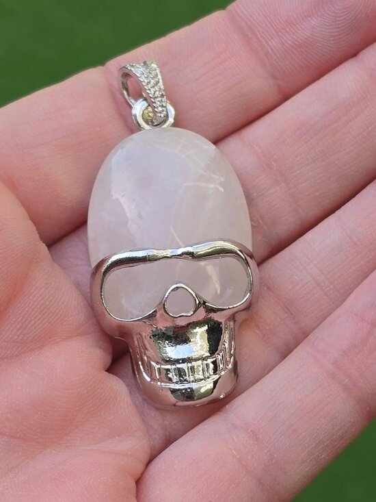 Hand Crafted Jewelry - Hand Crafted ✦ Rose Quartz Stainless Steel Skull Pendant ✦ Gothic Pink Gemstone